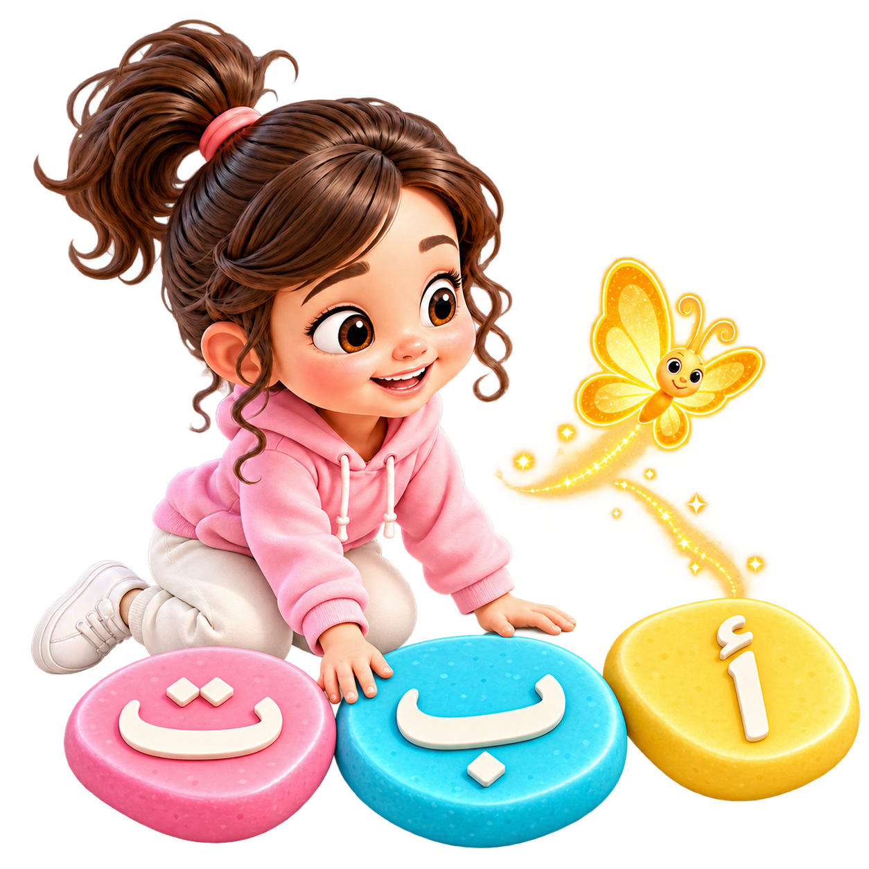 Girl exploring Arabic letter stepping stones with a golden butterfly