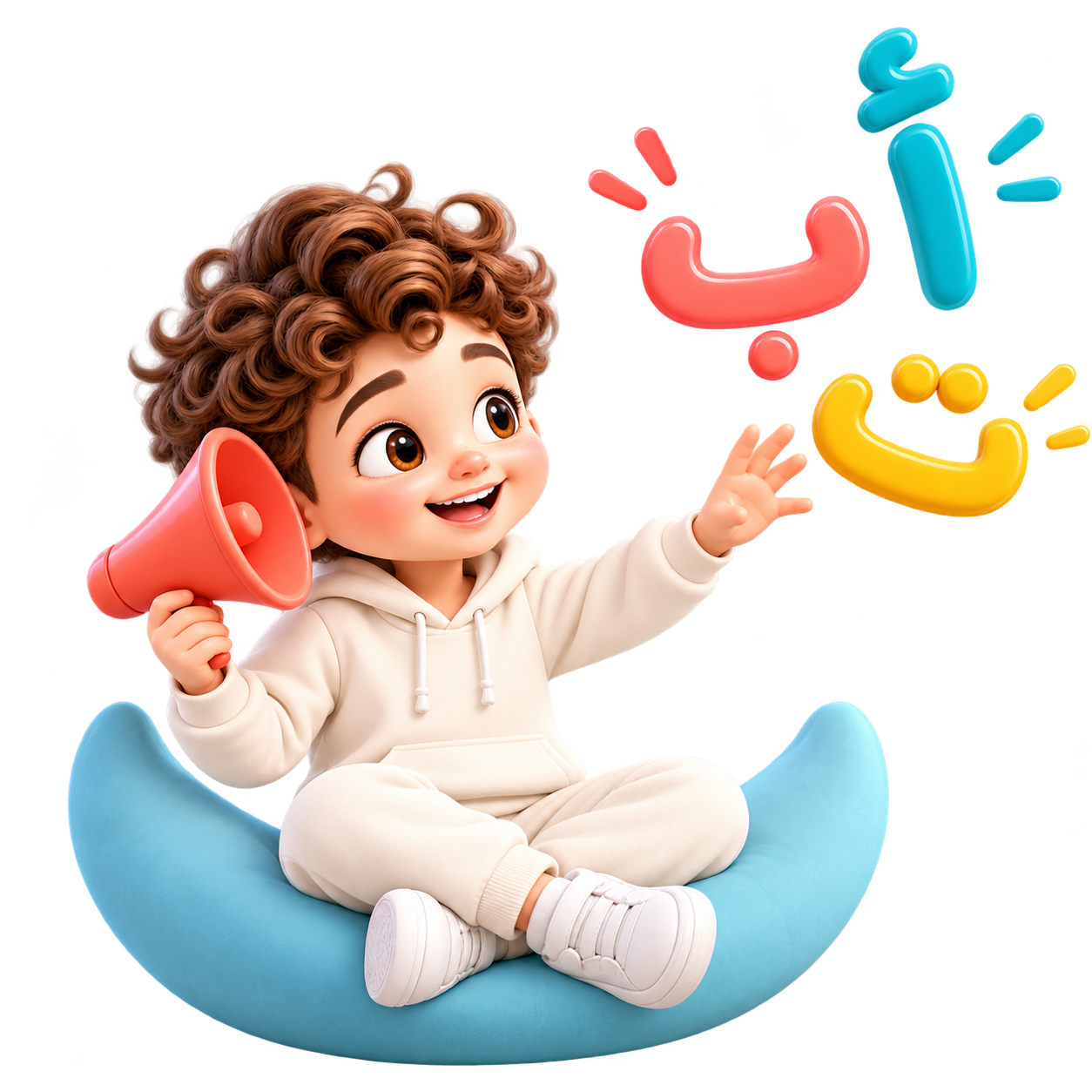 Boy discovering Arabic sounds with a megaphone and floating letters